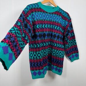 90s YOYO Men S Geometric Knit Sweater Teal Red Retro Aztec Fair Isle Grandpa Dad